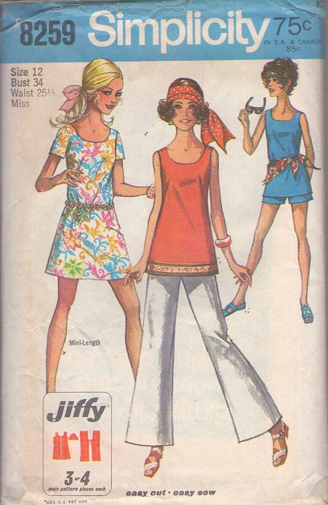 Simplicity 8259 Vintage 60's Sewing Pattern Mod Summer Set, Separates, Easy Jiffy Scoop Neck Mod Tank Top, Mini Dress, Shorts, Bell Bottoms Pants Size 12