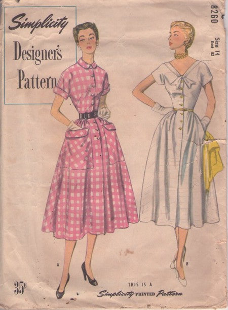 Simplicity 8260 Vintage 50's Sewing Pattern Designer Series Dress, Lucy Day Dress Set, Shirtwaist Step In, Flared Skirt, 2 Bodices, Flap Pockets, Day or Night Size 14