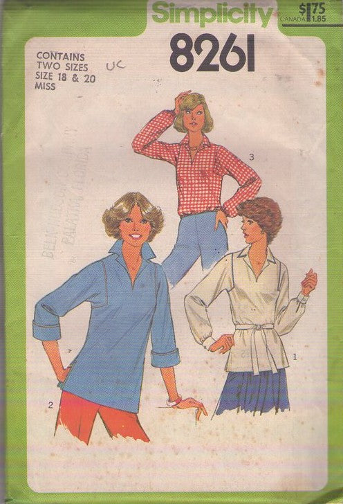 Simplicity 8261 Vintage 70's Sewing Pattern Shirt Set, Drawstring Waist, Tunic, Square Armholes, 3 Styles Size 18-20