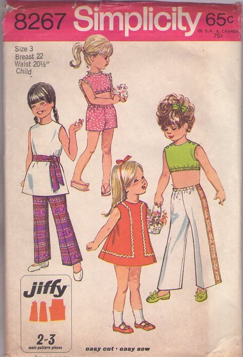 Simplicity 8267 Vintage 60's Sewing Pattern Girl's Separates, Easy Jiffy Crop Top, Mini Dress, Tunic Blouse, Side Trim Pants, Shorts Size 3