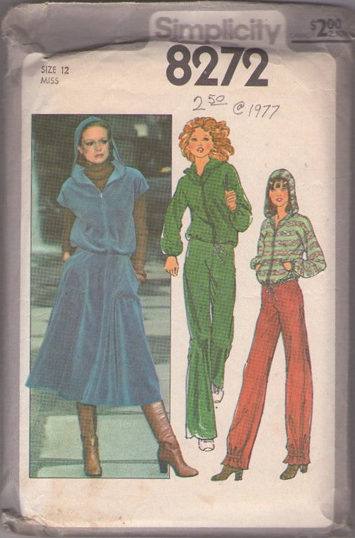 Simplicity 8272 Vintage 70's Sewing Pattern Velour Jogging Suit, Zip Up Hooded Jacket Top, Flared Skirt, Gathered Leg Pants Size 6-8