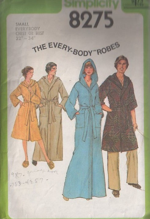 Simplicity 8275 Vintage 70's Sewing Pattern The Every Body Robes, Wrap Around Lounge Robe, Bathrobe for Him or Her, Hood, Pockets, Short or Long Size S