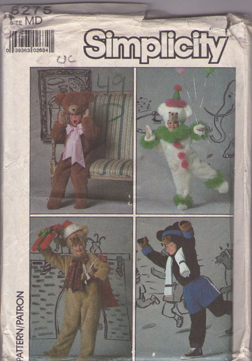 Simplicity 8275 Vintage 80's Sewing Pattern Animal Costumes, Bears Galore, Dancing Bear, Halloween Dress Up Costumes, Christmas Party Jumpsuit & Hoods Size Adult M UNCUT