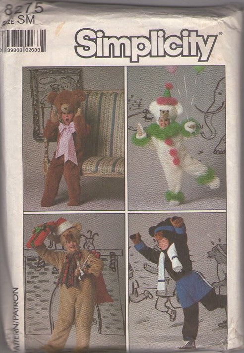 Simplicity 8275 Vintage 80's Sewing Pattern Animal Costumes, Bears Galore, Dancing Bear, Halloween Dress Up Costumes, Christmas Party Jumpsuit & Hoods Size Adult S CUT