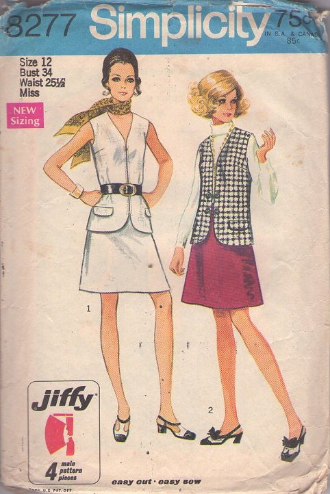 Simplicity 8277 Vintage 60's Sewing Pattern Easy Jiffy Separates, V Neck Toggle or Zipper Vest Top, A-Line Skirt Size 12