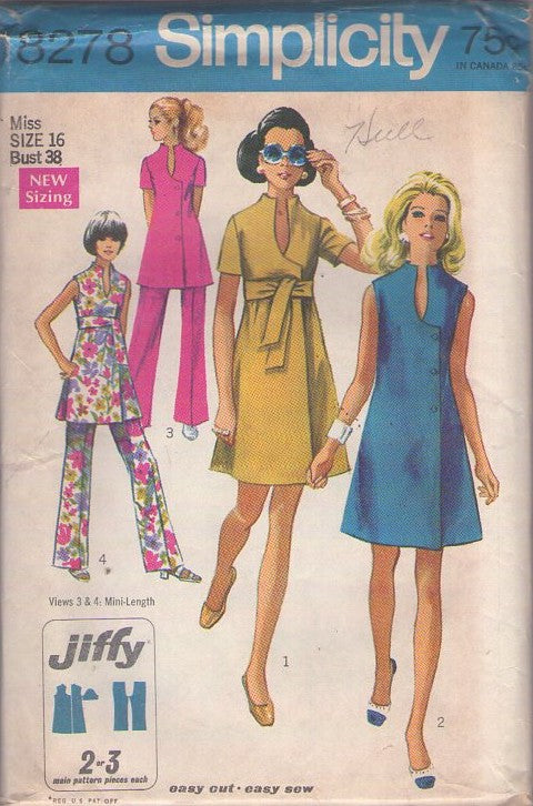 Simplicity 8278 Vintage 60's Sewing Pattern Mod Pantsuit, Easy Jiffy 2 or 3 Main Pieces, Stand Up Collar, Wrap Around Tunic Top, Pants, Button or Tie Dress Size 14