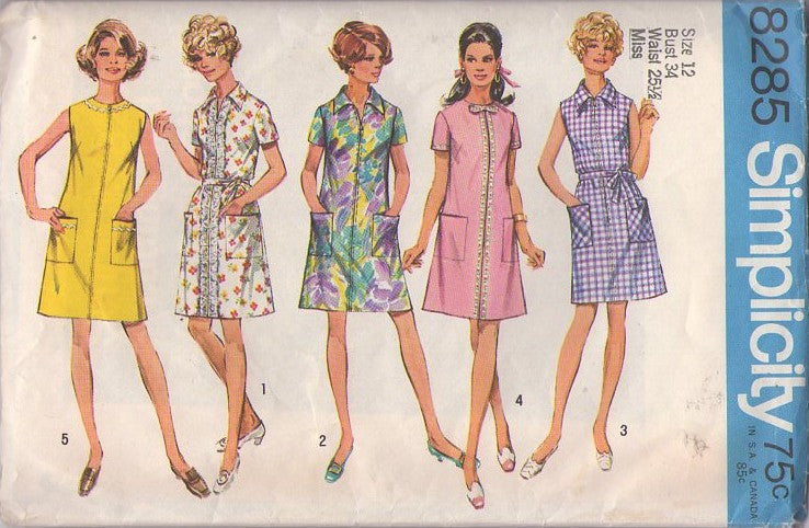 Simplicity 8285 Vintage 60's Sewing Pattern Mod Day Dresses, Housewife Daytime House Coat Style Day Dress, Front Zipper Size 12 CUT