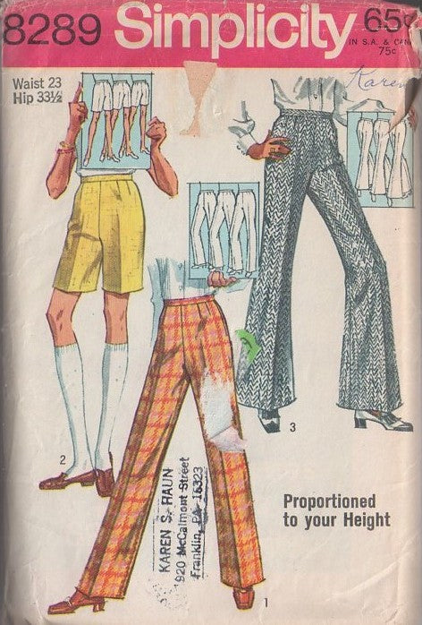 Simplicity 8289 Vintage 60's Sewing Pattern Pants Set,  Easy To Sew Proportioned to Height Mod Walking Shorts, Flared or Straight Leg Pants Waist 23 Size XS