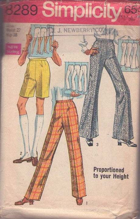 Simplicity 8289 Vintage 60's Sewing Pattern Pants Set,  Easy To Sew Proportioned to Height Mod Walking Shorts, Flared or Straight Leg Pants Waist 27 Size M
