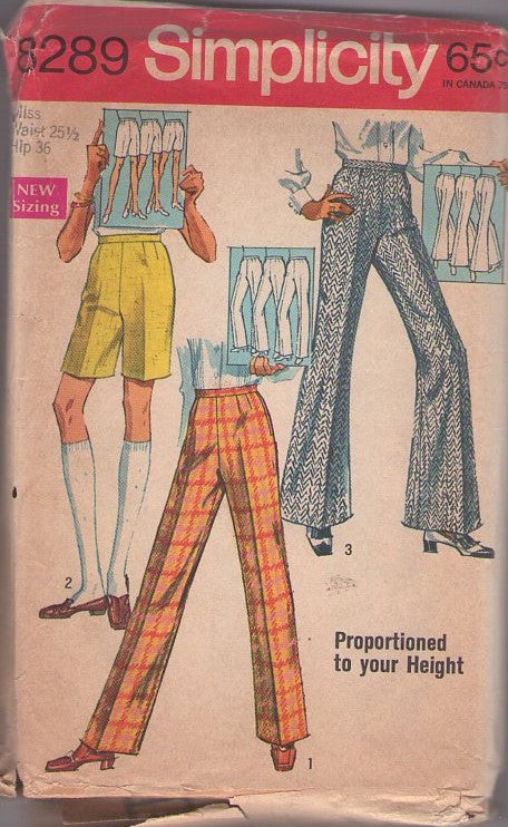 Simplicity 8289 Vintage 60's Sewing Pattern Pants Set,  Easy To Sew Proportioned to Height Mod Walking Shorts, Flared or Straight Leg Pants Waist 25.5 CUT Size M