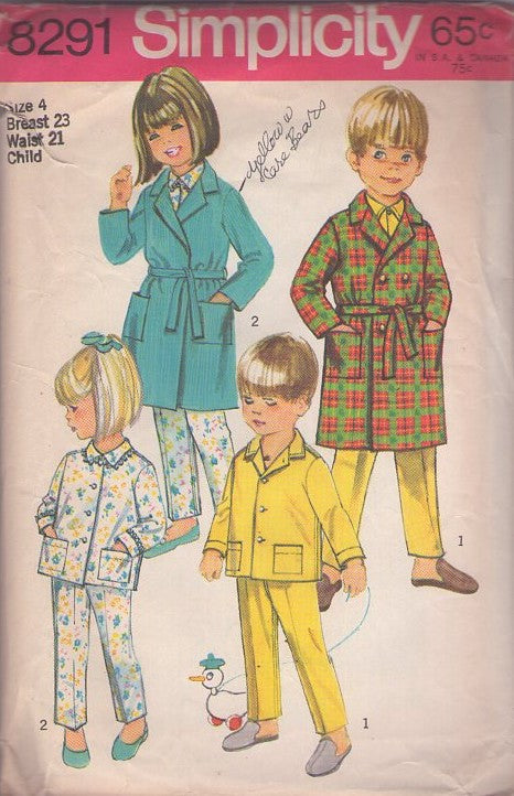 Simplicity 8291 Vintage 60's Sewing Pattern Boys' or Girl's PJs, Pajamas Top, Shirt, Pants, Wrap or Double Breasted Buttoning Robe, Bathrobe Size 4
