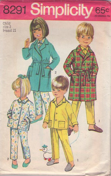 Simplicity 8291 Vintage 60's Sewing Pattern Boys' or Girl's PJs, Pajamas Top, Shirt, Pants, Wrap or Double Breasted Buttoning Robe, Bathrobe Size 2