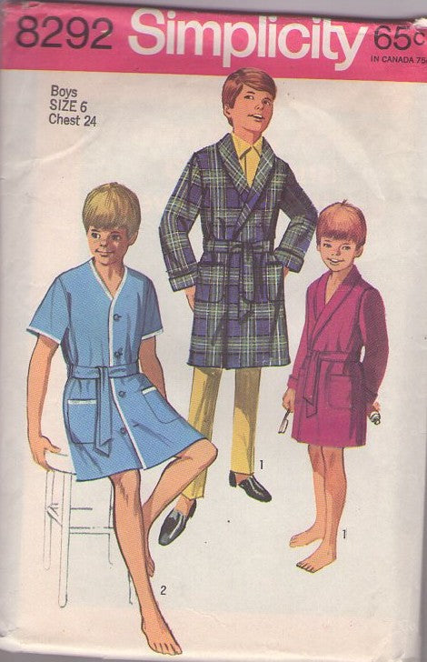 Simplicity 8292 Vintage 60's Sewing Patterns Boys' Robes, Shawl Collar or Band Trim Robe, Bathrobe, Spa, Pool, Beach Size 6