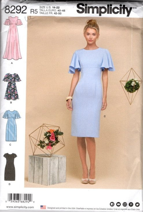 Simplicity 8292 Retro 2017 Sewing Pattern High Empire Waist Sheath Dress, Flutter Sleeve or Cold Shoulder Formal Gown 4 Styles Size 14-22