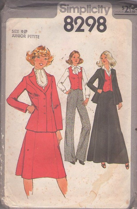 Simplicity 8298 Vintage 70's Sewing Pattern Modest Secretary Ascot Tie Blouse, Vest, Princess Seams Blazer Jacket, A-Line Skirt, Maxi Size 9JP