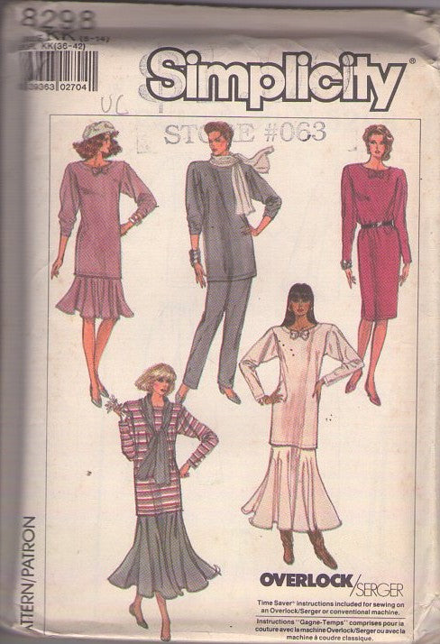 Simplicity 8298 Vintage 80's Sewing Pattern Modest Separates, Fluted Hem Mini or Midi Skirt, Sheath Dress, Tunic, Skirt, Pants Size 8-14