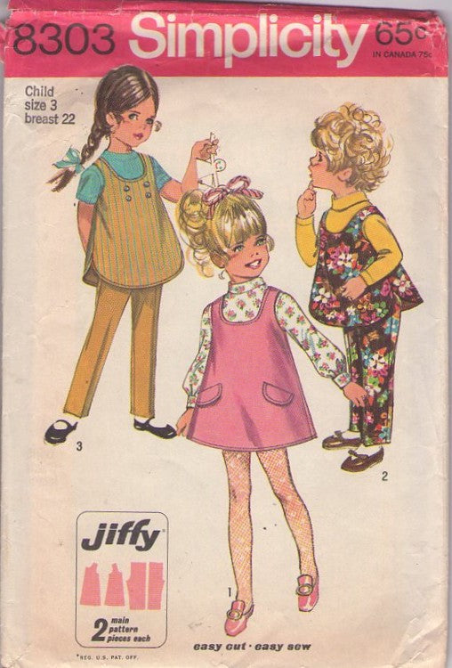 Simplicity 8303 Vintage 60's Sewing Pattern Girl's Separates, Mod Brady Bunch Scoop Neck Jumper, Tunic Top, Mini Dress & Pants Size 3