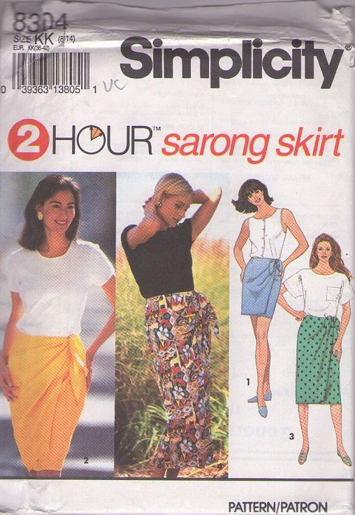 Simplicity 8304 Vintage 90's Sewing Pattern Easy Skirts, 2 Hour Wrap & Tie Hawaiian Sarong Skirt, 4 Lengths Size 8-12
