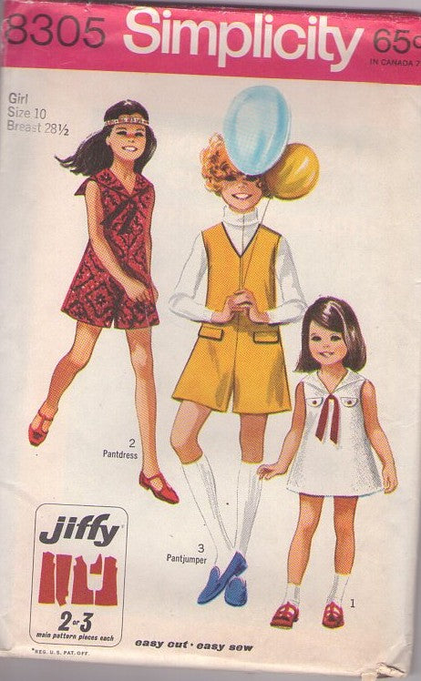 Simplicity 8305 Vintage 60's Sewing Pattern Girl's Pantdress, Dress, Easy Jiffy Mod Split Skirt Romper, Sailor Collar Dress, Pantdress Size 10