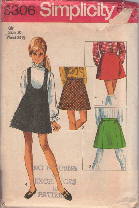 Simplicity 8306 Vintage 60's Sewing Pattern Girl's Skirts, Jumper, Mod Twiggy Deep U Neck Suspender Mini Dress, Jumper, School Skirt Set Size 10