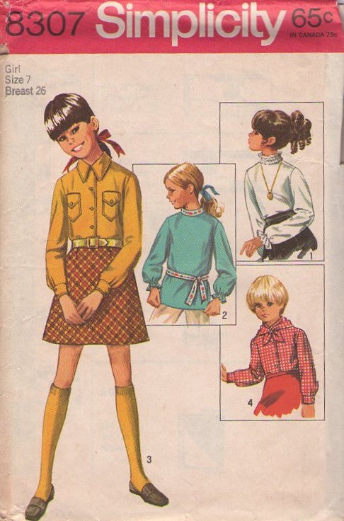 Simplicity 8307 Vintage 60's Sewing Pattern Girl's Separates, Brady Bunch Button Up or Pullover Blouse, Shirt & Mini Skirt, Scarf Size 4