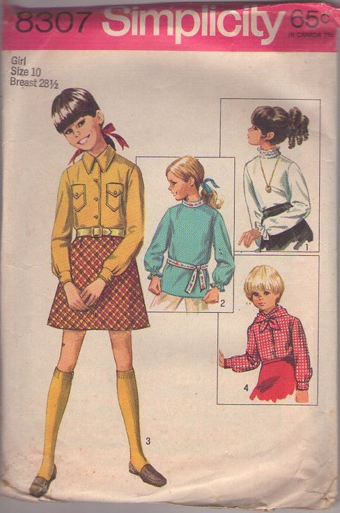 Simplicity 8307 Vintage 60's Sewing Pattern Girl's Separates, Brady Bunch Button Up or Pullover Blouse, Shirt & Mini Skirt, Scarf Size 10