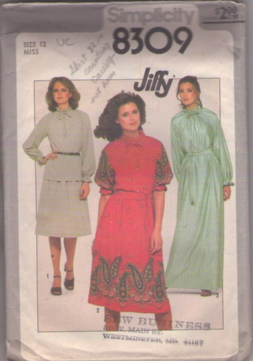 Simplicity 8309 Vintage 70's Sewing Pattern Two Piece Dress, Border Fabric, Secretary Dress, Raglan Sleeve Blouse, A-Line Skirt, Hostess Drawstring Neck Maxi Gown Size 12