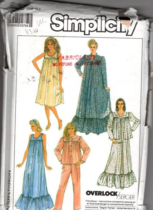 Simplicity 8310 Vintage 80's Sewing Pattern Modest Prairie, Cottagecore Flared Long Nightgown, Pajamas, Dressing Gown, Summer Dress Size S-XL