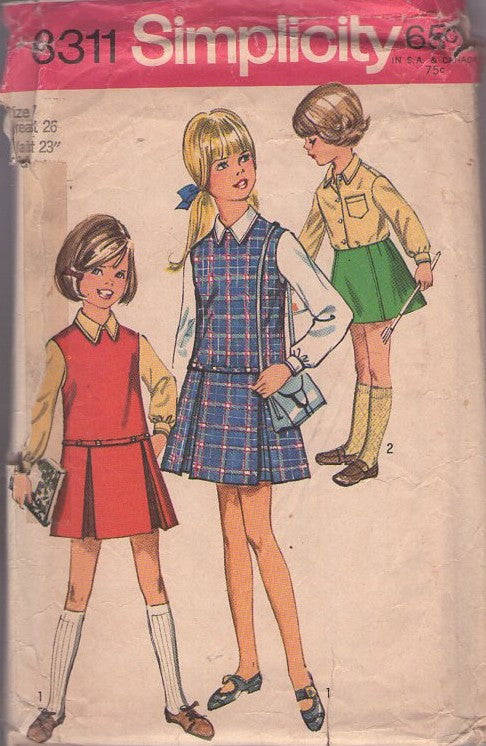 Simplicity 8311 Vintage 60's Sewing Pattern Girl's School Clothes, Mod Twiggy Drop Waist Pleated Skirt Jumper, Dress, Skirt & Blouse Size 7