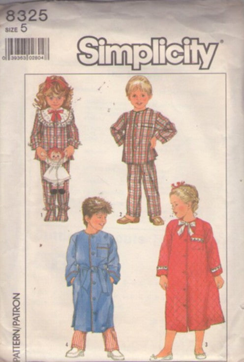 Simplicity 8325 Vintage 80's Sewing Pattern Childs' Pajamas, Top, Pants with or without Booties, House Coat, Robe Size 5