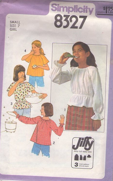 Simplicity 8327 Vintage 70's Sewing Pattern Girl's Blouses, Easy Jiffy, Raglan Sleeve Boho Gypsy Summer Blouse, Top, Shirt Set 4 Styles Size S 7