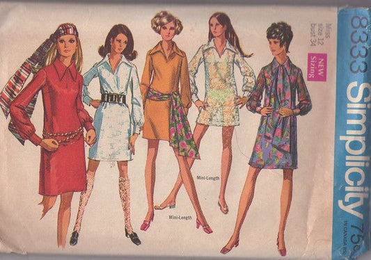 Simplicity 8333 Vintage 60's Sewing Pattern Mod Dress, GoGo Sheer Lace Beach Coverup Mini Dress, Collared Slit Neck Day Dress, Sash Belt or Hippie Headband Size 12