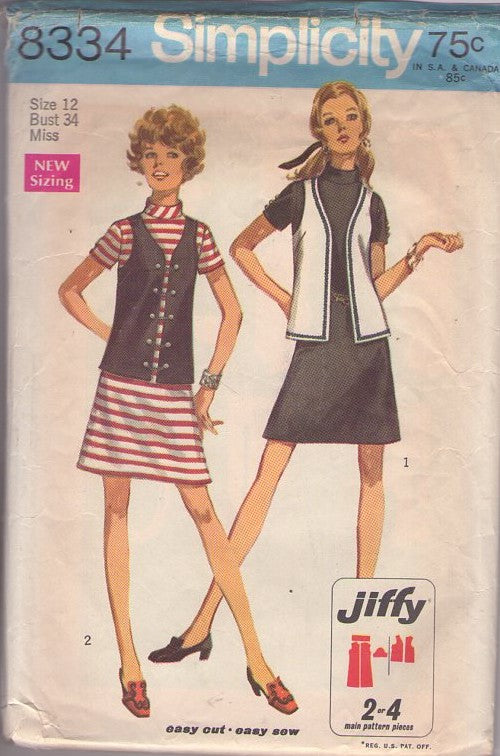 Simplicity 8334 Vintage 60's Sewing Pattern Mod Separates, Turtle Neck Dress, Chain Toggles Vest Jacket Size 12