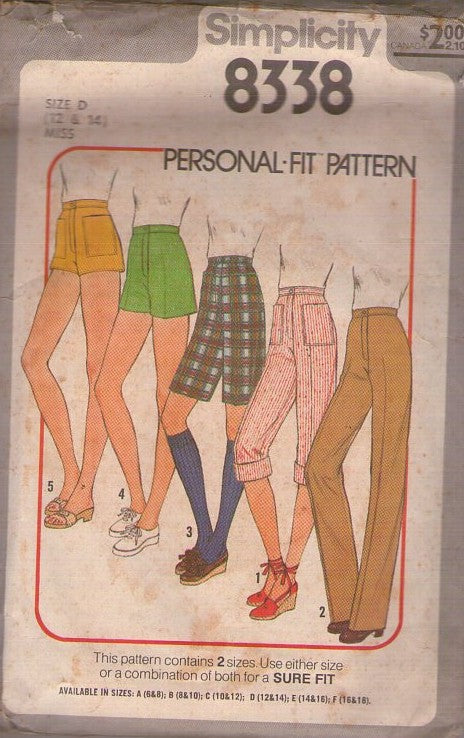Simplicity 8338 Vintage 70's Sewing Pattern Fly Front Pants, Shorts, Bermuda, Knee Knockers, Capri Pants 5 Styles Size 12-14