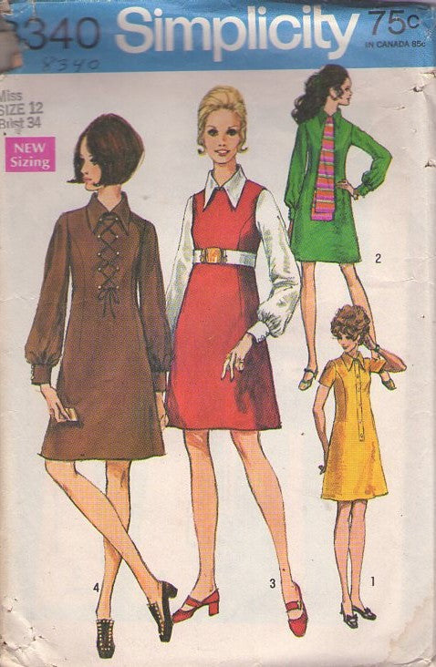Simplicity 8340 Vintage 60's Sewing Pattern Mod Dresses, Twiggy Looks, Princess Seams Jumper, Secretary Dress, Button Band or Lace Up Front, 2 Piece Look! Size 12