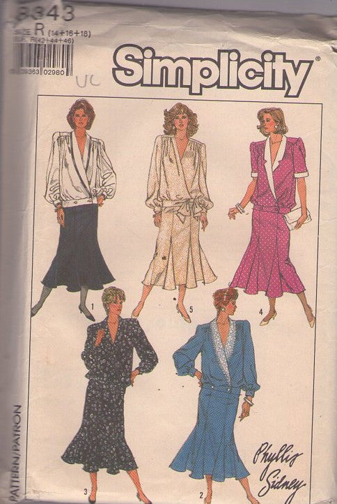Simplicity 8343 Vintage 80's Sewing Pattern Two Piece Dress, Designer Phyllis Sidney 2 Piece Dress, Oversized Shawl Collar Bloused Shirt Jacket Top with Drop Waist, Flounced Godets Skirt Size 14-18