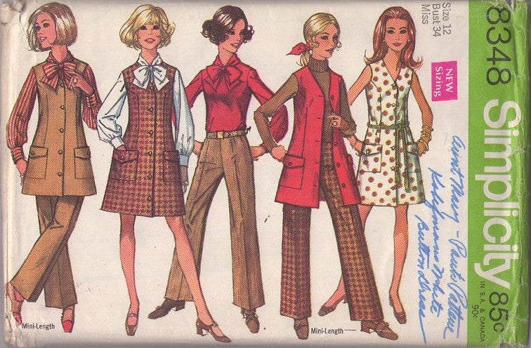 Simplicity 8348 Vintage 60's Sewing Pattern Mod Separates, Pussycat Bow Tie Collar Blouse, Hip Huggers Pants, Button Front Tunic Top, Jumper, Dress Size 12