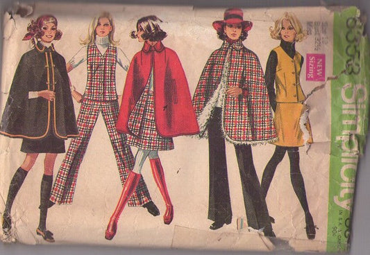 Simplicity 8353 Vintage 60's Sewing Pattern Mod Cloaks, Twiggy Faux Fur Lined Poncho Cape, Cloak, Arm Slits, Vest Top, Mini Skirt & Pants Size 10