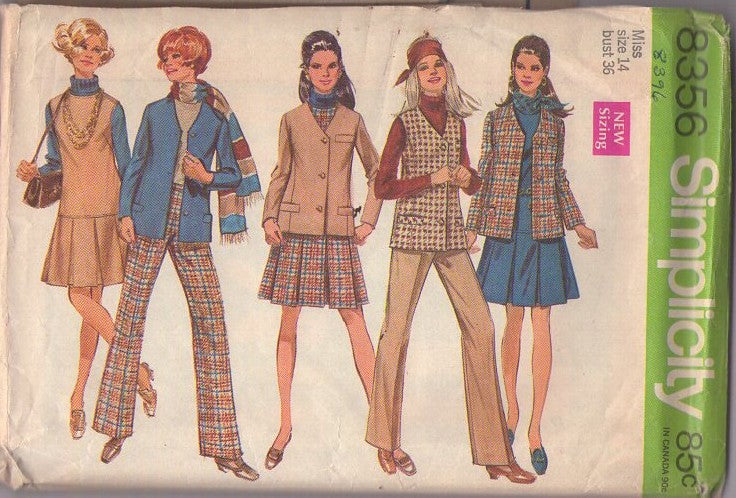 Simplicity 8356 Vintage 60's Sewing Pattern Mod Separates, Secretary Blazer Suit Jacket, Box Pleats Shirt, Vest Top, Slacks Size 14