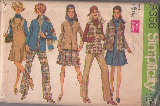 Simplicity 8356 Vintage 60's Sewing Pattern Mod Separates, Secretary Blazer Suit Jacket, Box Pleats Shirt, Vest Top, Slacks Size 10