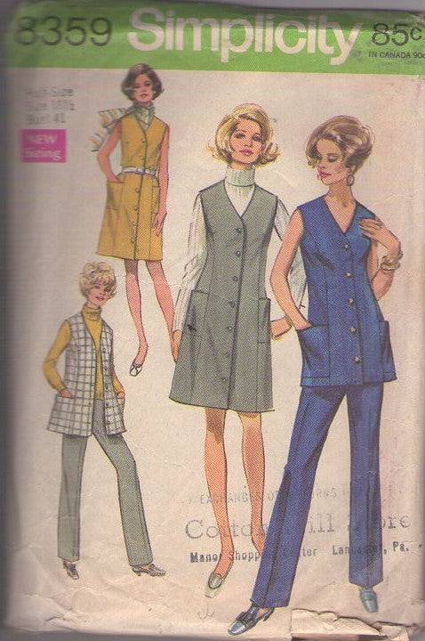 Simplicity 8359 Vintage 60's Sewing Pattern Plus Size Separates, V Neck Front Buttoned Tunic Top, Jumper, Dress, Slacks Size 18.5