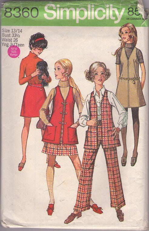 Simplicity 8360 Vintage 60's Sewing Pattern Mod Separates, V Neck Vest Jacket Top, Turtle Neck, Jumper Dress, Mini Skirt & Cuffed Pants Size 13/14