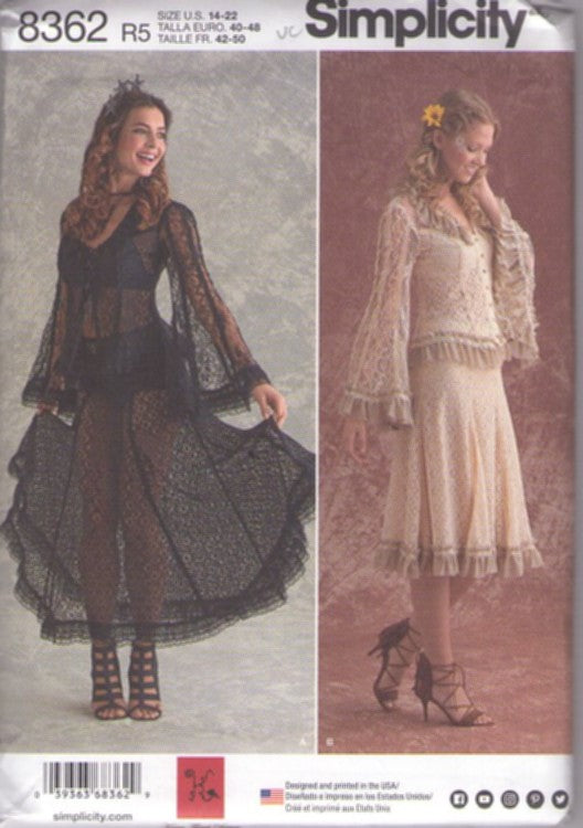 Simplicity 8362 Retro 2017 Sewing Pattern Stevie Nicks BellaDonna Dress, 2 Pc Set, Lace Blouse, Goth, Prairie Skirt, 2 Styles Size 14-22
