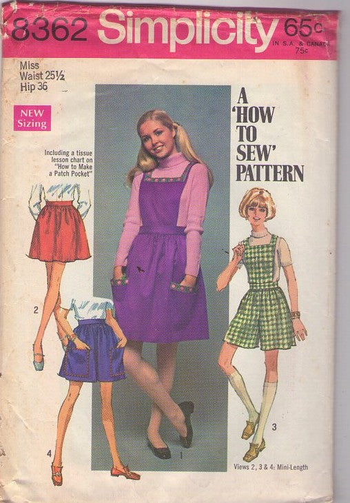 Simplicity 8362 Vintage 60's Sewing Pattern Mod Mini Skirts, Easy To Sew, LARGE Pockets, Pantskirt, Gauchos Shorts, Split Skirt & Detachable Bib Front Waist 25.5 Size M