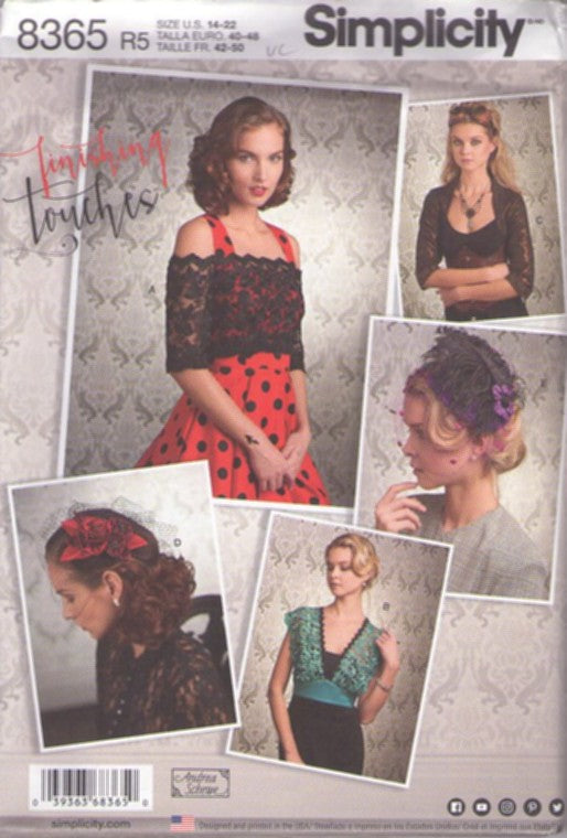 Simplicity 8365 Retro 2017 Sewing Pattern Lacy Designs Accessories, by Andrea Schewe Finishing Touches, Sheer Lace Shrug, Bolero Jacket, Vest Collar, Hat and Fascinator Cap Size 14-22