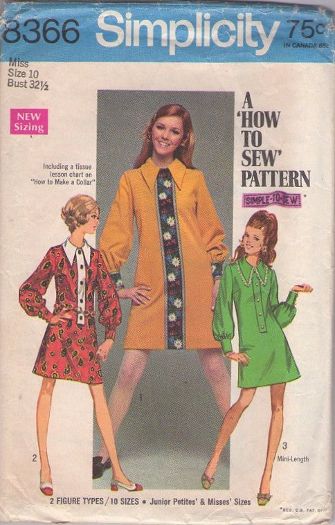 Simplicity 8366 Vintage 60's Sewing Pattern Mod Mini Dress Set, Easy Collared Dress, Band Trim Options, 3 Brady Bunch Styles Size 10