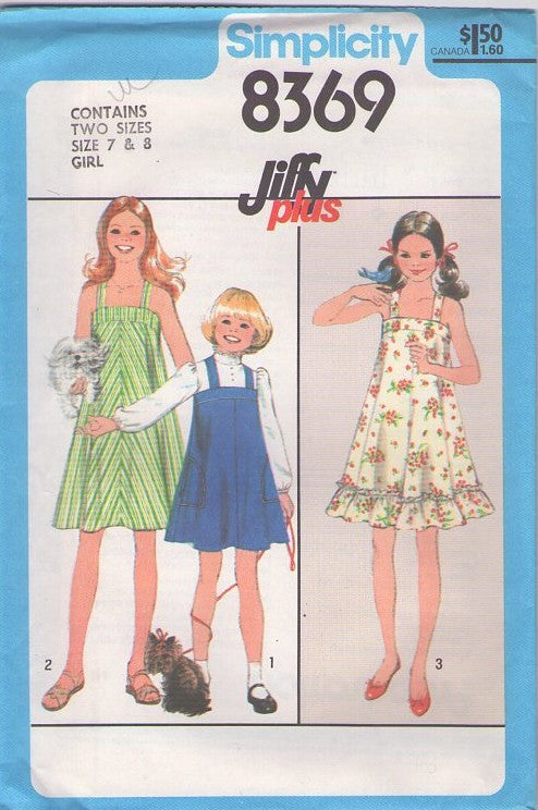 Simplicity 8369 Vintage 70's Sewing Pattern Girl's Dress Set, Jiffy Plus Flared Bias Jumper, Ruffle Trim Sundress, Sun Dress Size 7-8