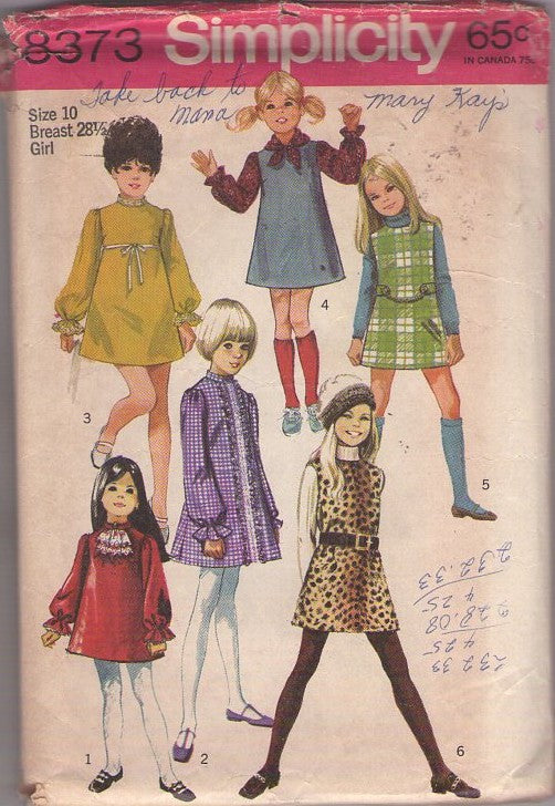 Simplicity 8373 Vintage 60's Sewing Pattern Girl's School Clothes, Twiggy Mod Short Partridge Family Jumper, Dress, 6 Styles Size 10