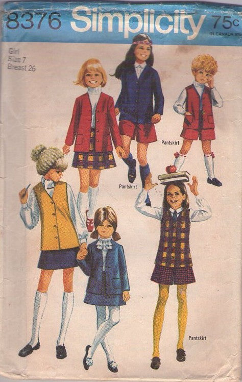 Simplicity 8376 Vintage 60's Sewing Pattern Girl's Separates, Mod Uniform Mix & Match Blazer Jacket, A-Line Skirt, Flared Shorts, Vest, Pantskirt Size 7