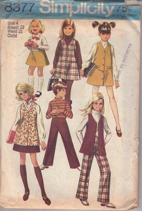 Simplicity 8377 Vintage 60's Sewing Pattern Girl's Separates, Brady Bunch Retro Mix & Match Jumper Dress, Vest, Mini Skirt & Pants Size 4